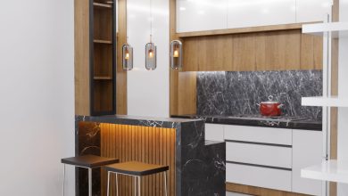 کابینت مدرن سفید و طرح چوب سفحه مشکی بار و کوری اپن نور چراغ آویز صندلی بلند ترمو مخفی