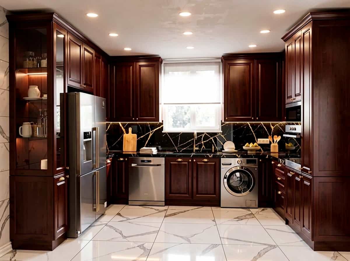 نمونه رندر و تصویرسازی آشپزخانه لوکس کلاسیک با کابینت چوب تیره و بینکابینتی سنگ مشکی ماربل که توسط هوش مصنوعی طراحی شده است