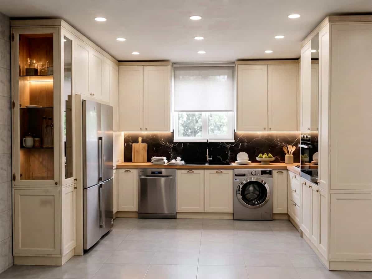 طراحی و شبیهسازی آشپزخانه نئوکلاسیک با کابینتهای سفید قابدار، ویترین شیشهای نورپردازیشده و بینکابینتی سنگ مشکی توسط هوش مصنوعی