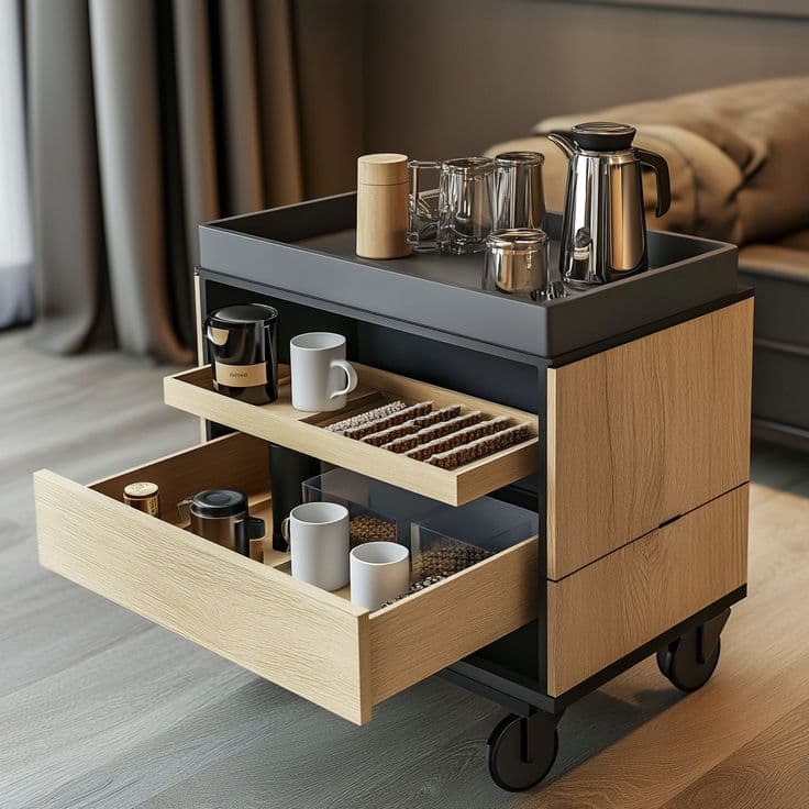 ترولی چرخدار چوبی برای پذیرایی و سرو قهوه